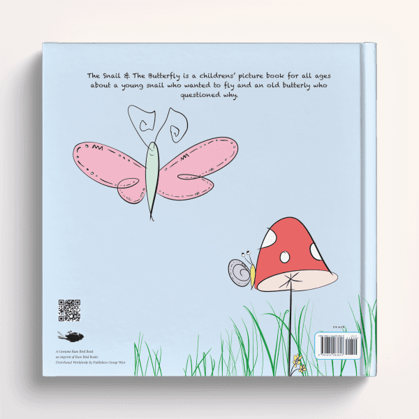 Back Cover with Whimsical illustrations by CJ the Kid from The Snail & The Butterfly Children's Book